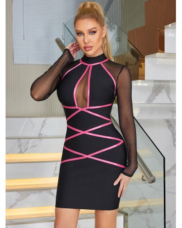 High Neck Long Sleeve Mini Tulle Bandage Dress HB00223