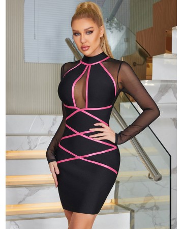 High Neck Long Sleeve Mini Tulle Bandage Dress HB00223