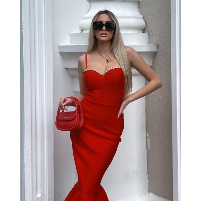 Strappy Crystal Midi Fishtail Bandage Dress