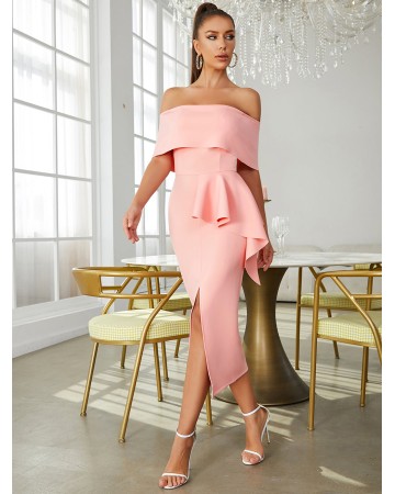 Off Shoulder Short Sleeve Midi Slit Bodycon Dress HB00411