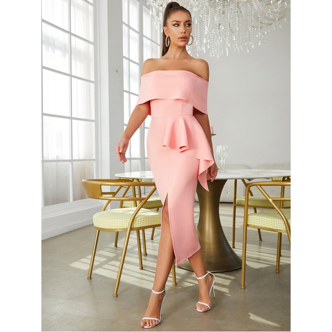 Off Shoulder Short Sleeve Midi Slit Bodycon Dress HB00411