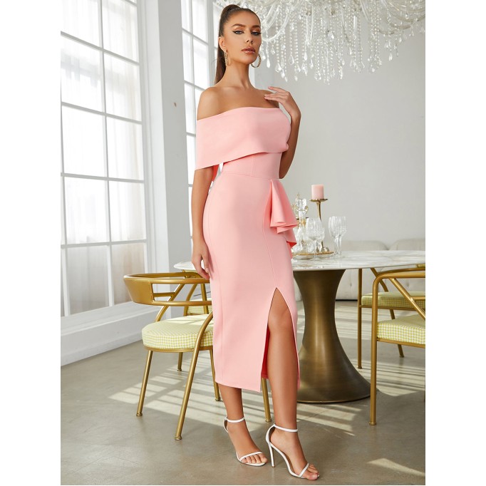 Off Shoulder Short Sleeve Midi Slit Bodycon Dress HB00411