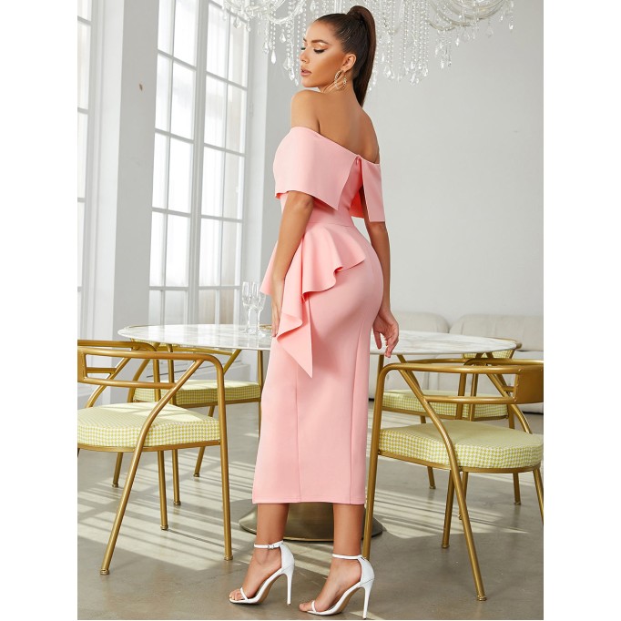 Off Shoulder Short Sleeve Midi Slit Bodycon Dress HB00411