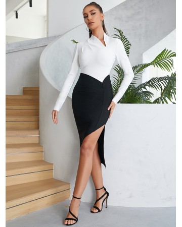 V Neck Long Sleeve Midi Cut Out Bandage Dress HB00245