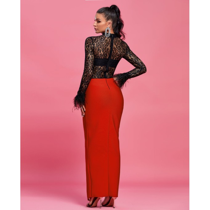 Long Sleeve Feather Lace Maxi Dress