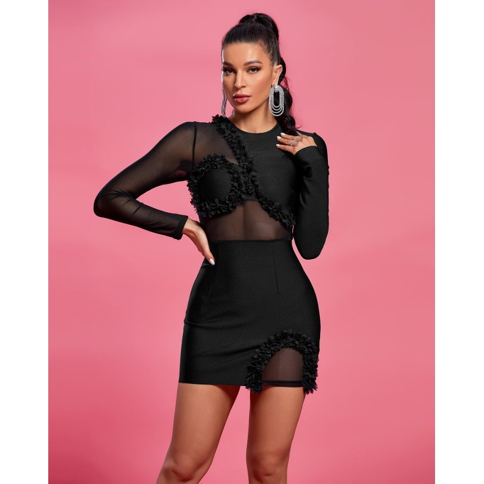 Long Sleeve Petal Mesh Mini Bandage Dress