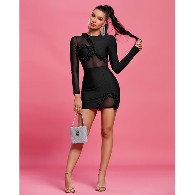 Long Sleeve Petal Mesh Mini Bandage Dress