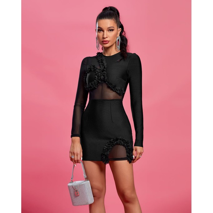 Long Sleeve Petal Mesh Mini Bandage Dress