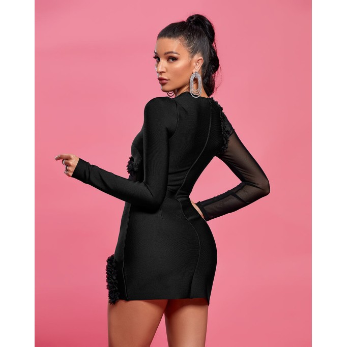 Long Sleeve Petal Mesh Mini Bandage Dress