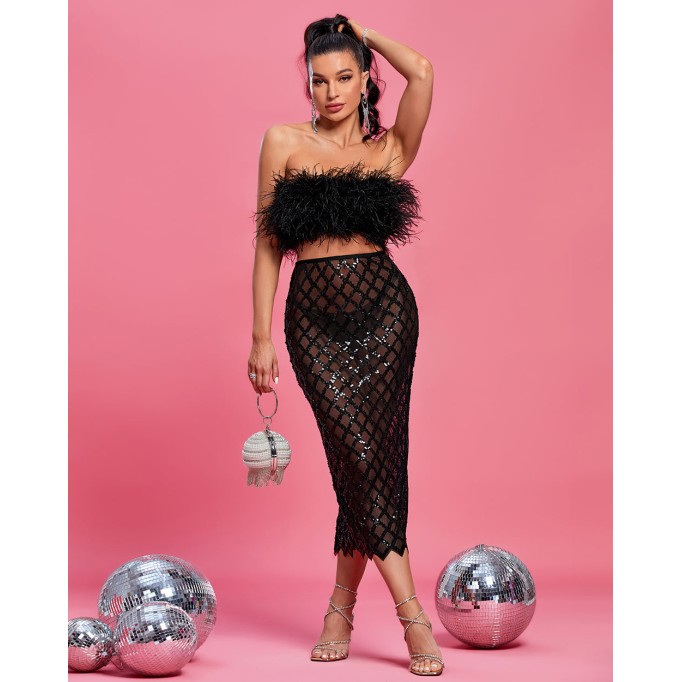 Feather Crop Top & Sequin-Embellished Tulle Skirt Set