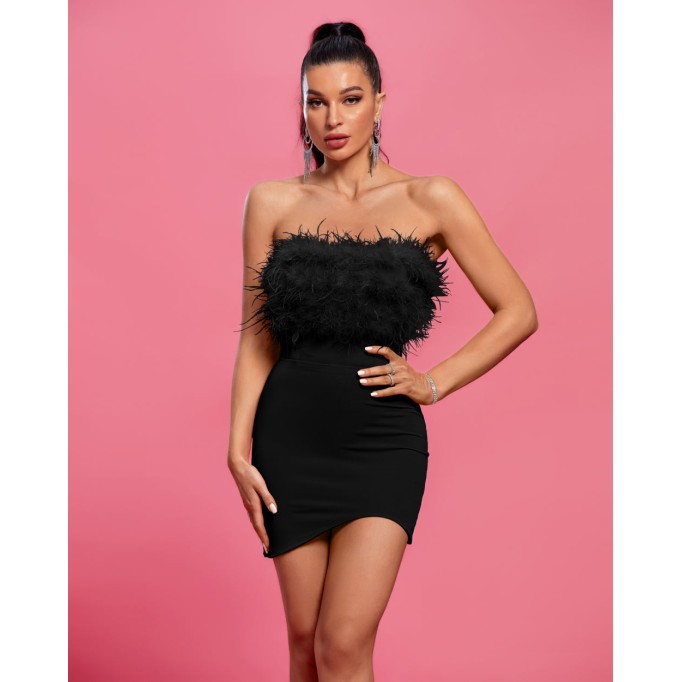 Strapless Feather Bodycon Mini Dress