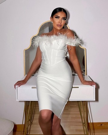 Off Shoulder Feather Over Knee Bandage Dress