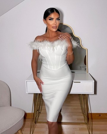 Off Shoulder Feather Over Knee Bandage Dress