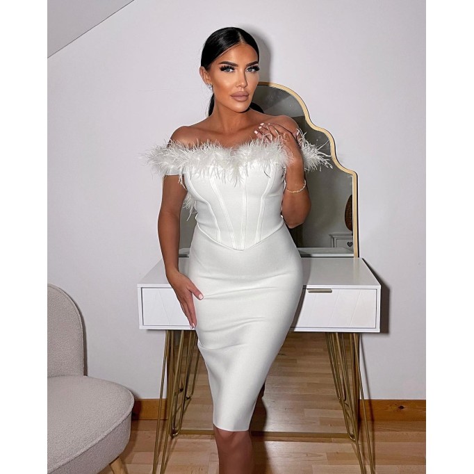 Off Shoulder Feather Over Knee Bandage Dress