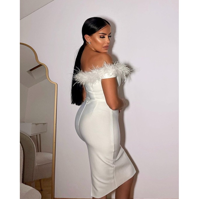 Off Shoulder Feather Over Knee Bandage Dress