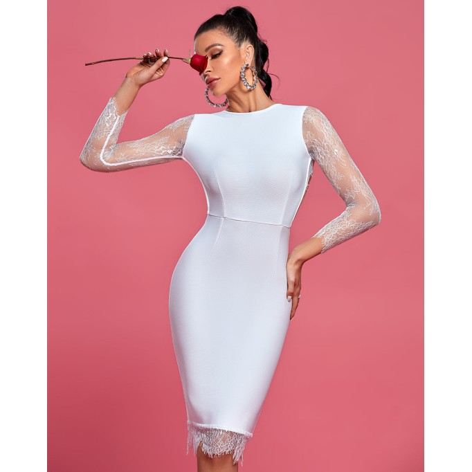 Round Neck Long Sleeve Lace Midi Bandage Dress