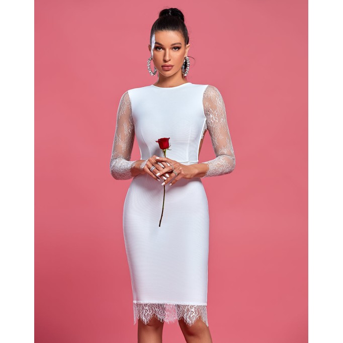 Round Neck Long Sleeve Lace Midi Bandage Dress