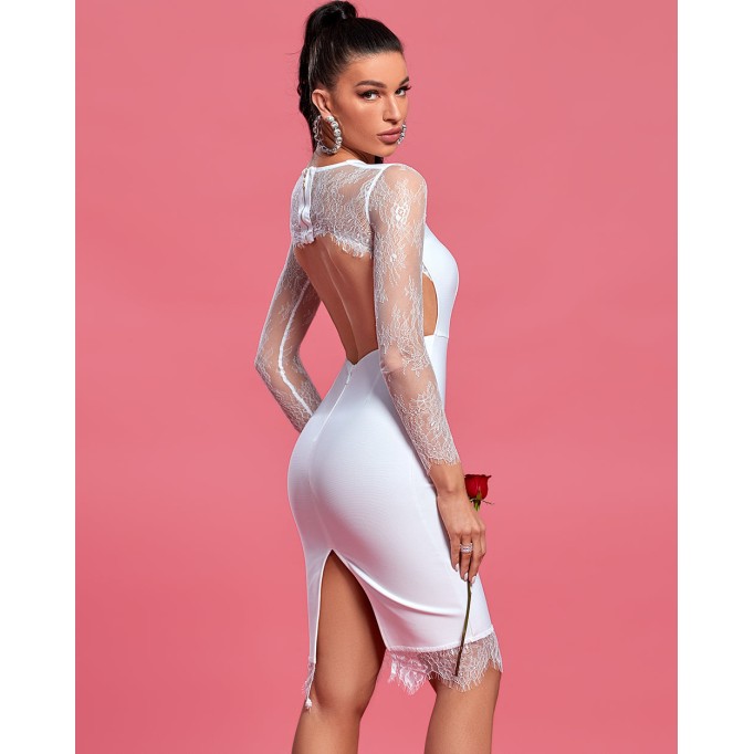 Round Neck Long Sleeve Lace Midi Bandage Dress