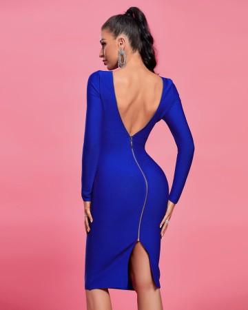 Round Neck Backless Midi Bandage Dress