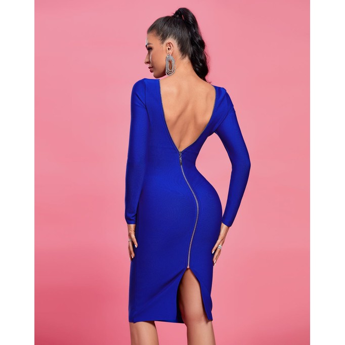 Round Neck Backless Midi Bandage Dress