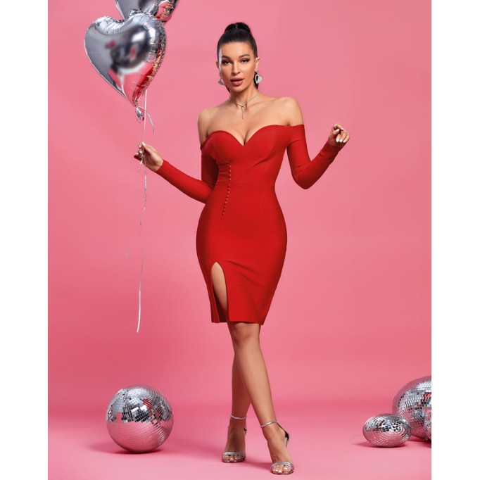 Off Shoulder Long Sleeve Slit Midi Bandage Dress