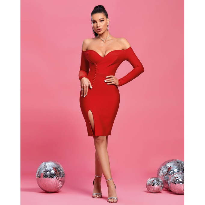 Off Shoulder Long Sleeve Slit Midi Bandage Dress