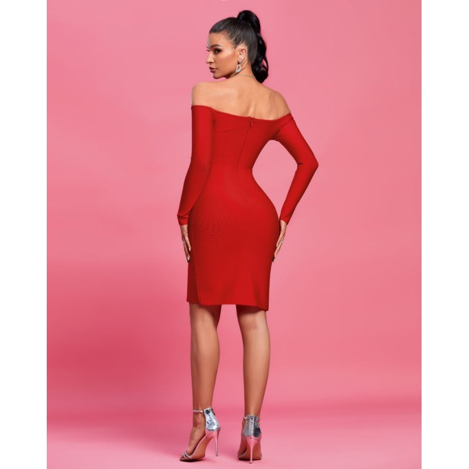 Off Shoulder Long Sleeve Slit Midi Bandage Dress