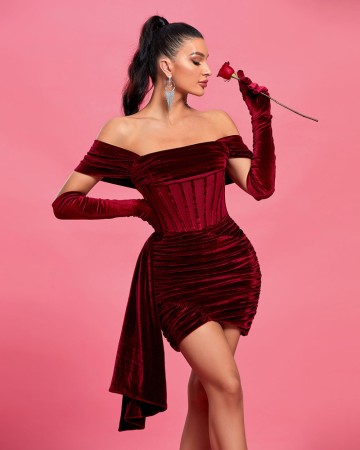 Burgundy Draped Off Shoulder Corset Dress