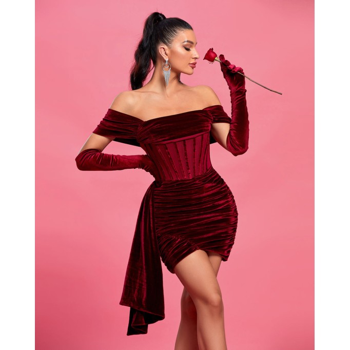 Burgundy Draped Off Shoulder Corset Dress