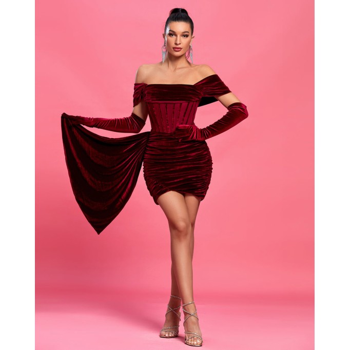 Burgundy Draped Off Shoulder Corset Dress