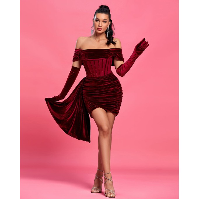 Burgundy Draped Off Shoulder Corset Dress