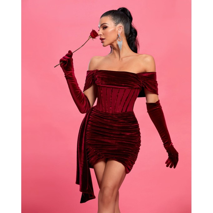 Burgundy Draped Off Shoulder Corset Dress