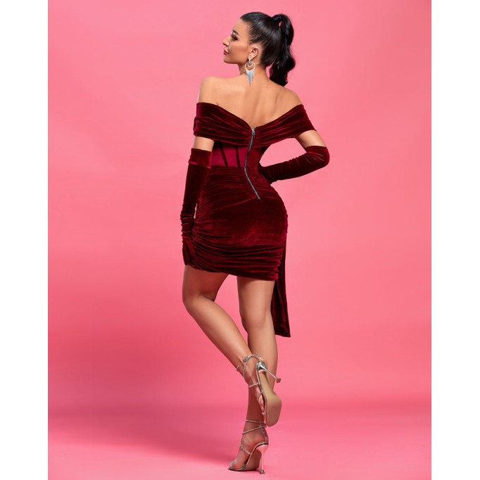 Burgundy Draped Off Shoulder Corset Dress