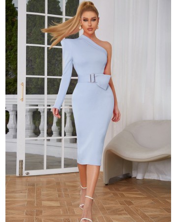 One Shoulder Midi With Belt Bodycon Dress HB00165