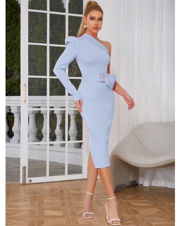 One Shoulder Midi With Belt Bodycon Dress HB00165