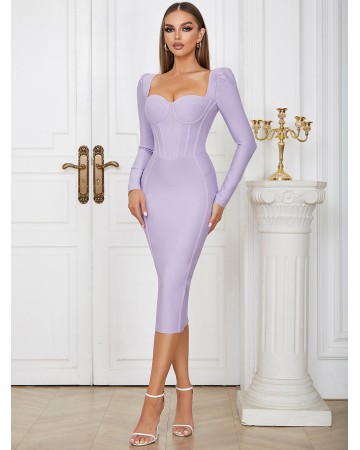 Square Collar Long Sleeve Midi Striped Bandage Dress HB00601