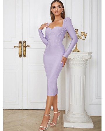 Square Collar Long Sleeve Midi Striped Bandage Dress HB00601