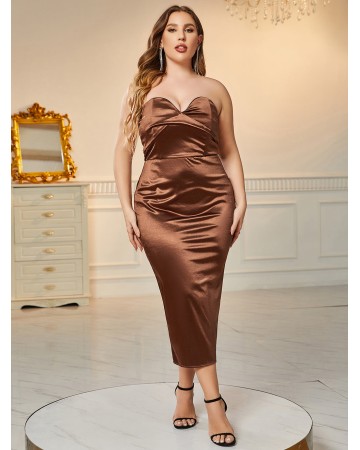 Plus Size Strapless Midi Slit Bodycon Dress HB77680