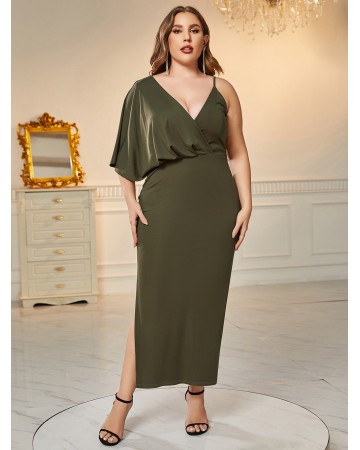 Plus Size V Neck Asymmetry Slit Bodycon Dress HB77660