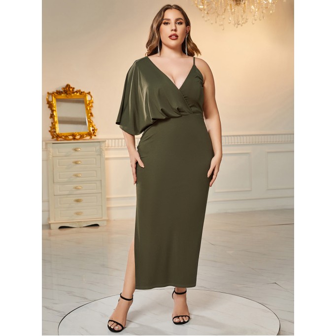 Plus Size V Neck Asymmetry Slit Bodycon Dress HB77660