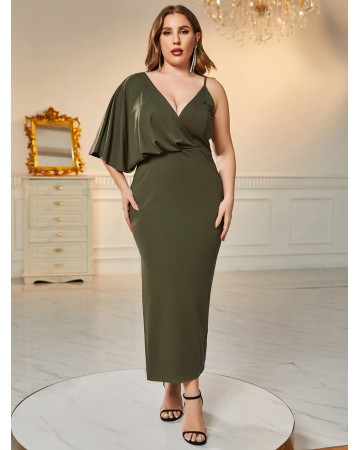 Plus Size V Neck Asymmetry Slit Bodycon Dress HB77660