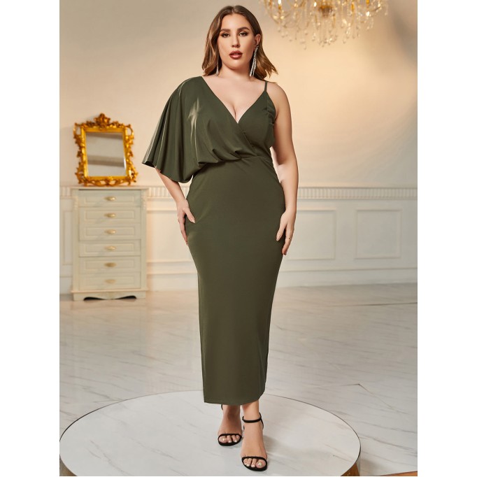 Plus Size V Neck Asymmetry Slit Bodycon Dress HB77660