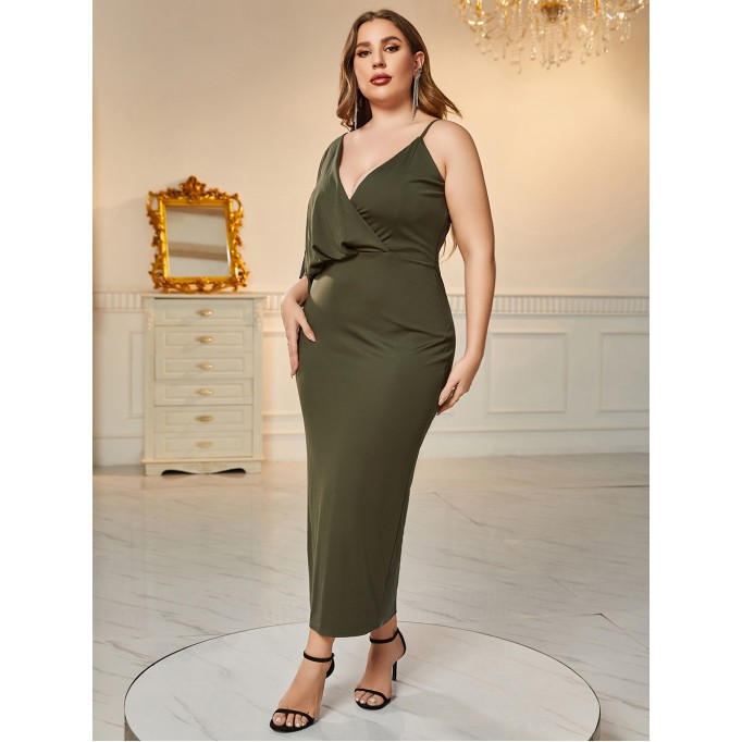 Plus Size V Neck Asymmetry Slit Bodycon Dress HB77660