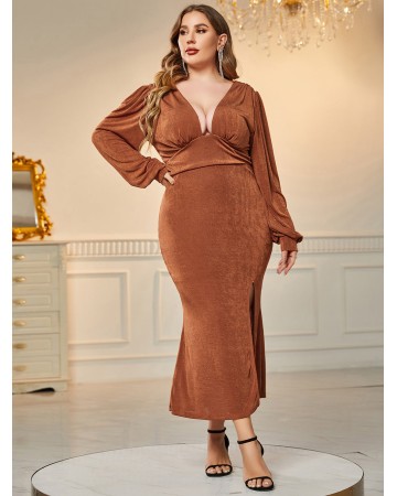 Plus Size V Neck Slit Bodycon Dress HB77700