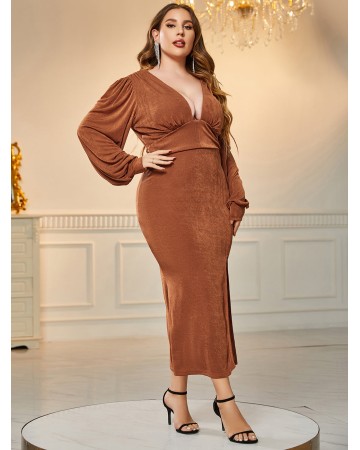 Plus Size V Neck Slit Bodycon Dress HB77700