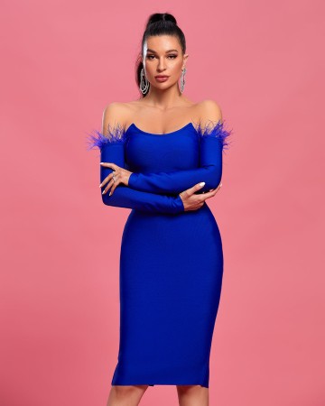 Off Shoulder Feather Trim Midi Bandage Dress