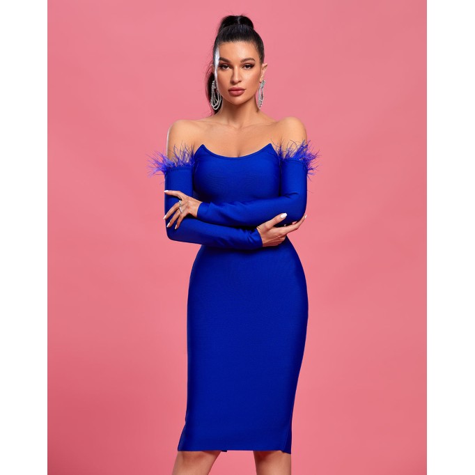 Off Shoulder Feather Trim Midi Bandage Dress