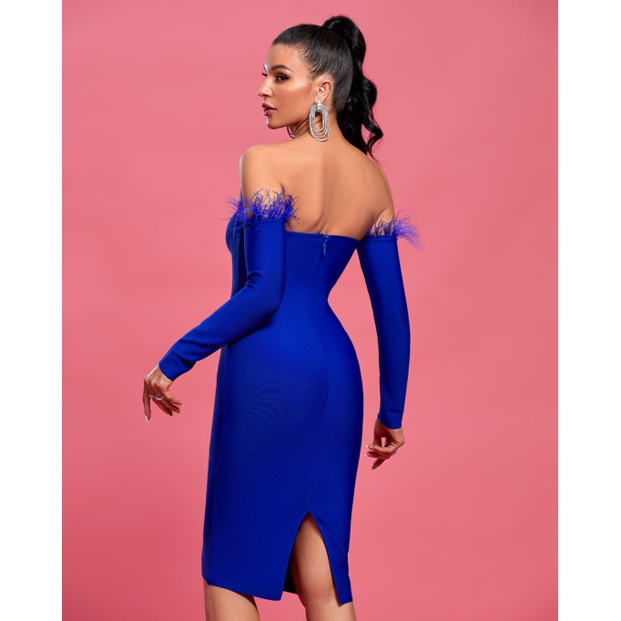 Off Shoulder Feather Trim Midi Bandage Dress