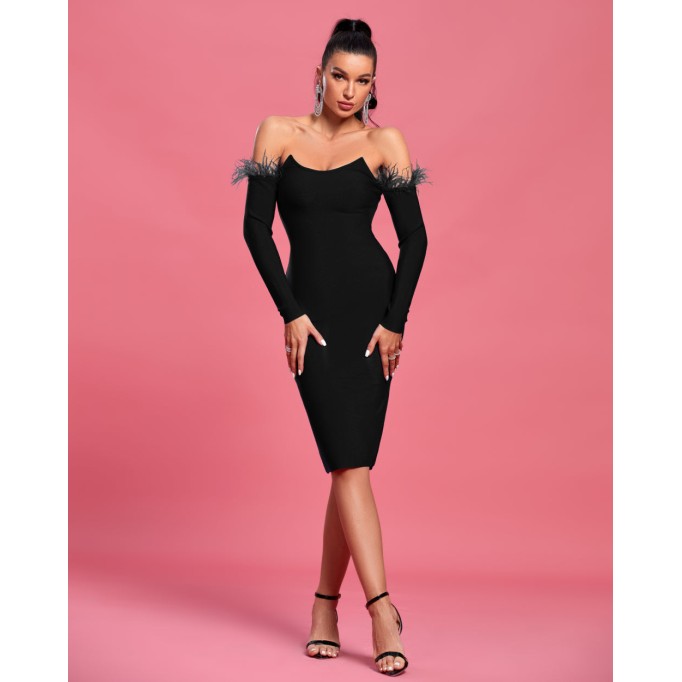 Off Shoulder Feather Trim Midi Bandage Dress