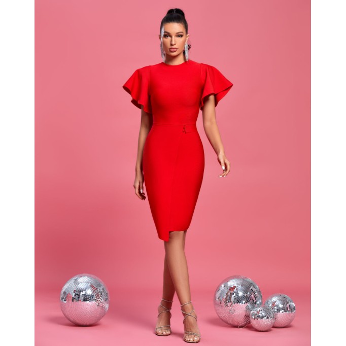 Round Neck Ruffles Sleeve Midi Bandage Dress